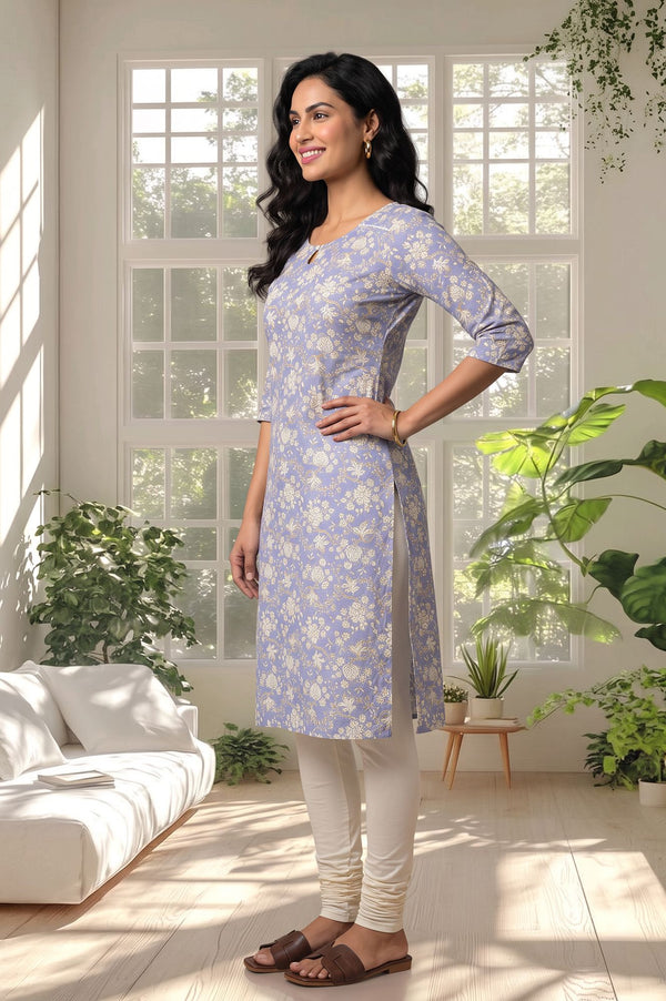 Blue Floral Printed Lace Pure Cotton Straight Kurta with Churidar