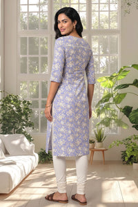 Blue Floral Printed Lace Pure Cotton Straight Kurta with Churidar