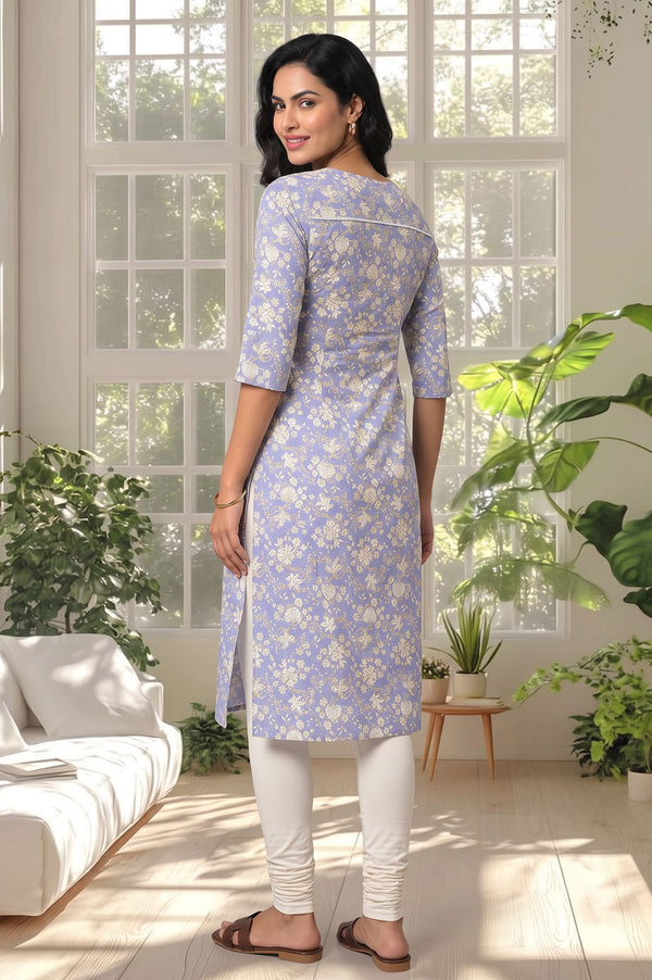 Blue Floral Printed Lace Pure Cotton Straight Kurta with Churidar