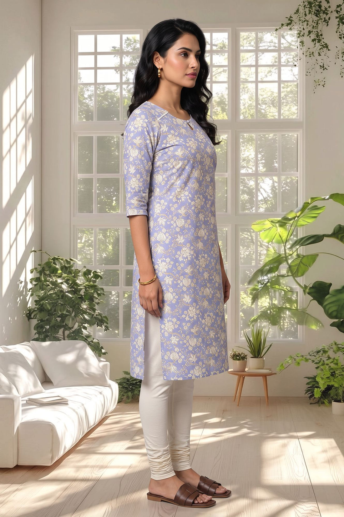 Blue Floral Printed Lace Pure Cotton Straight Kurta with Churidar
