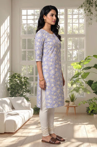 Blue Floral Printed Lace Pure Cotton Straight Kurta with Churidar