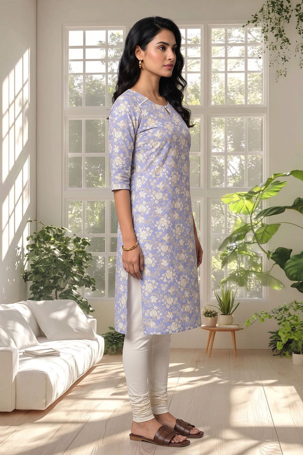 Blue Floral Printed Lace Pure Cotton Straight Kurta with Churidar