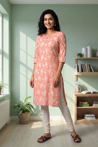 Peach Floral Printed Lace Pure Cotton Straight Kurta with Churidar Set