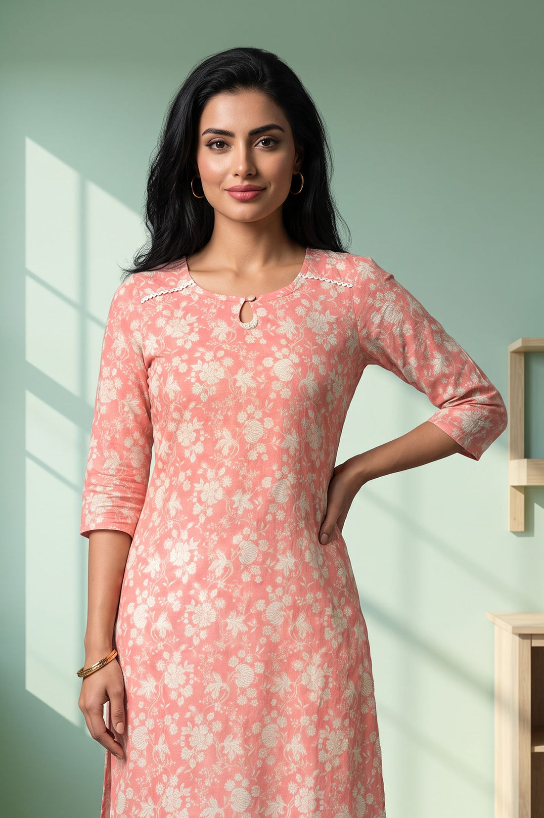 Peach Floral Printed Lace Pure Cotton Straight Kurta with Churidar Set