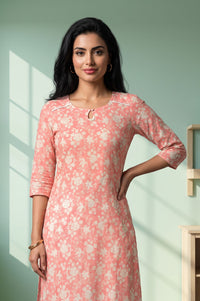 Peach Floral Printed Lace Pure Cotton Straight Kurta with Churidar Set