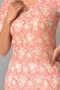 Peach Floral Printed Lace Pure Cotton Straight Kurta with Churidar Set