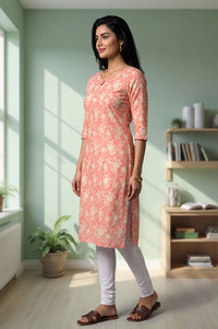 Peach Floral Printed Lace Pure Cotton Straight Kurta with Churidar Set