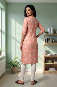 Peach Floral Printed Lace Pure Cotton Straight Kurta with Churidar Set