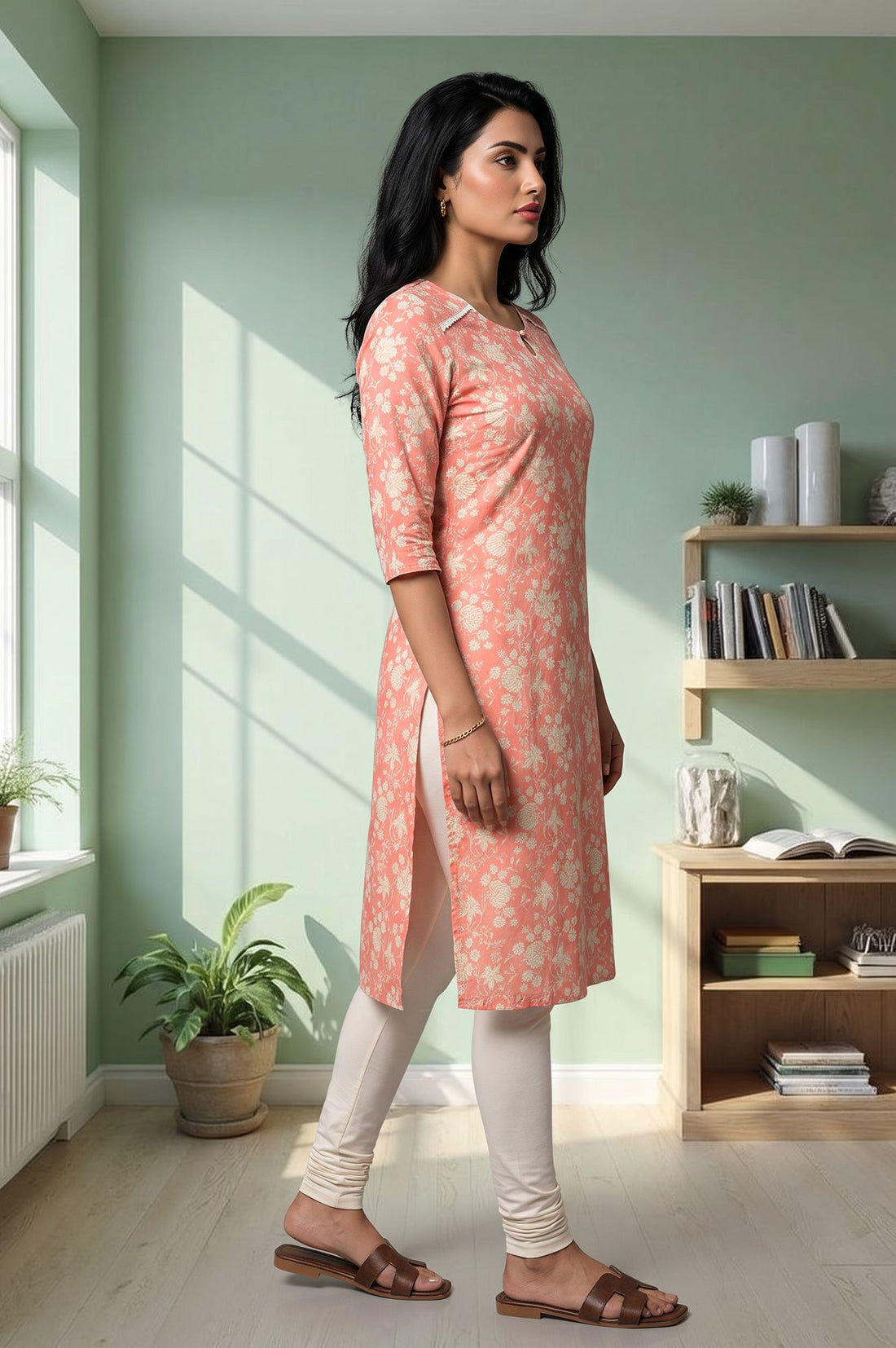 Peach Floral Printed Lace Pure Cotton Straight Kurta with Churidar Set