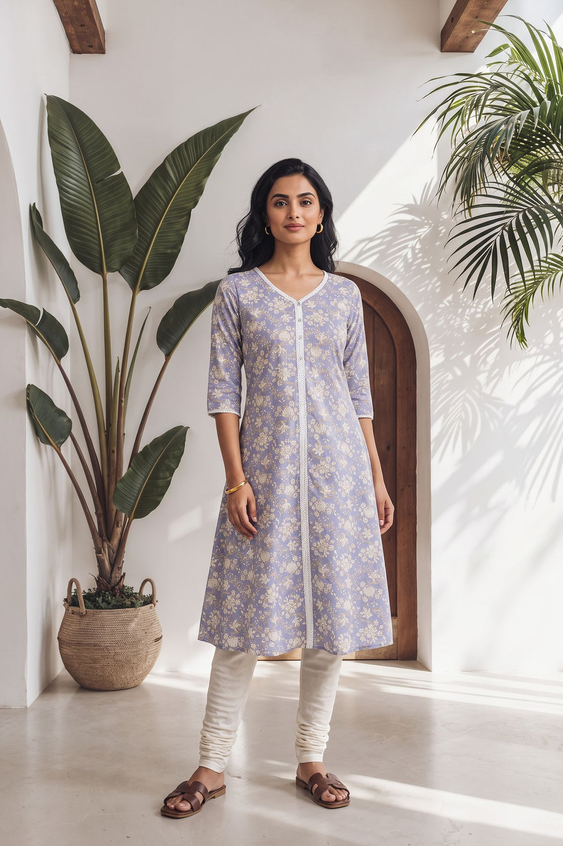 Lavender Floral Printed Lace Pure Cotton A-line Kurta with Churidar Set
