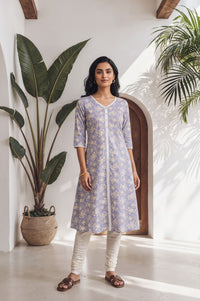 Lavender Floral Printed Lace Pure Cotton A-line Kurta with Churidar Set