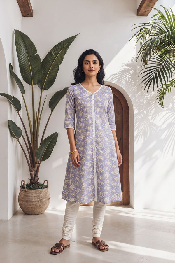 Lavender Floral Printed Lace Pure Cotton A-line Kurta with Churidar Set