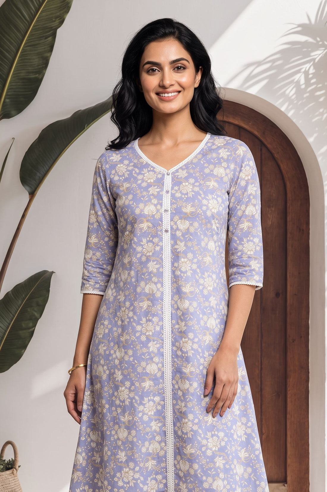 Lavender Floral Printed Lace Pure Cotton A-line Kurta with Churidar Set