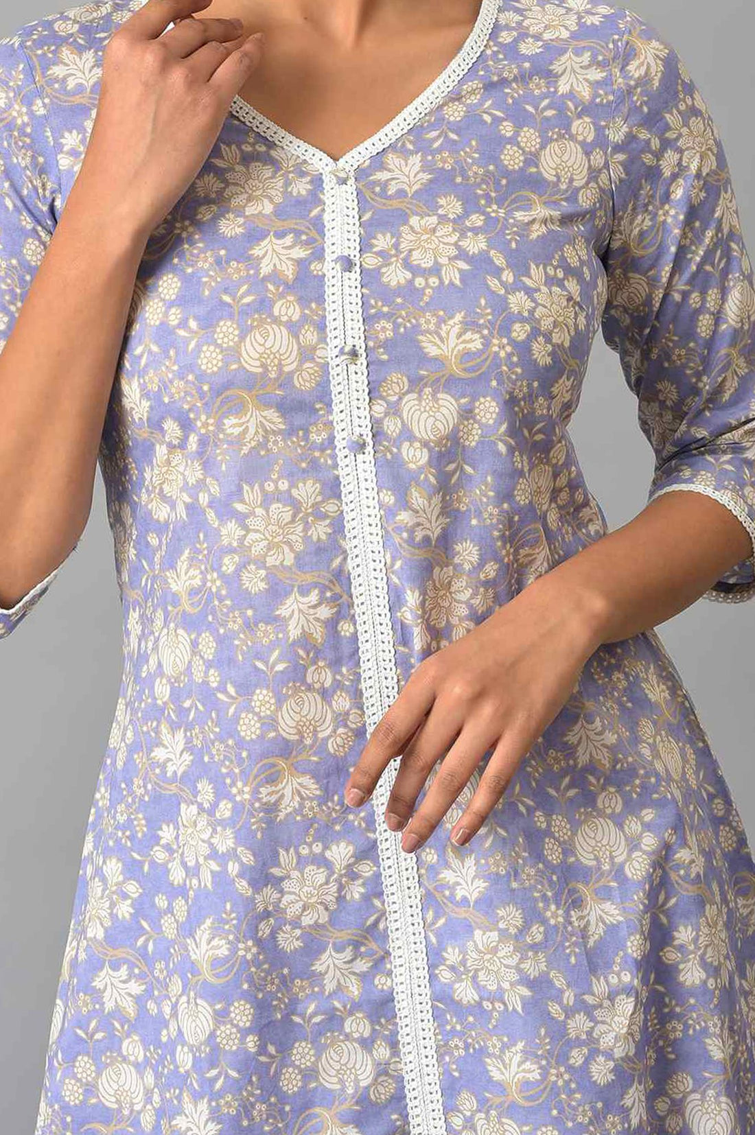 Lavender Floral Printed Lace Pure Cotton A-line Kurta with Churidar Set