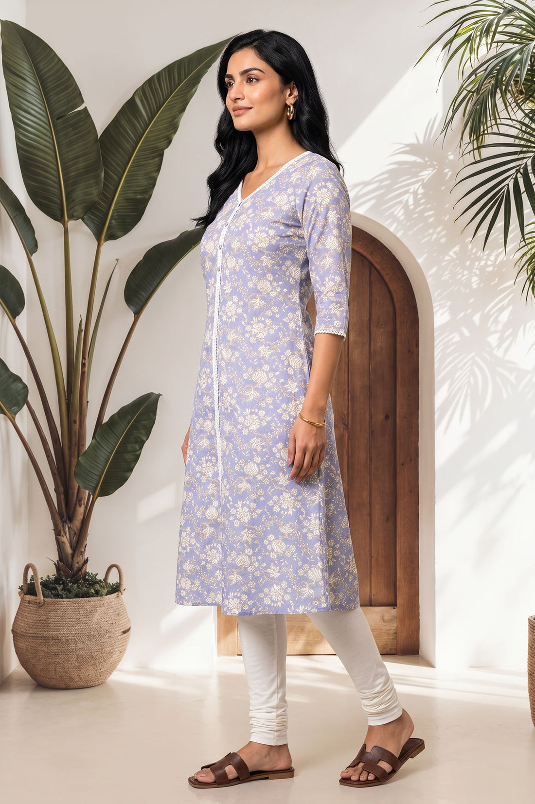 Lavender Floral Printed Lace Pure Cotton A-line Kurta with Churidar Set