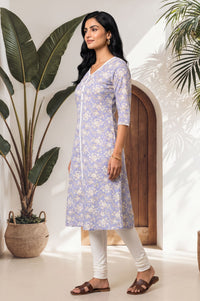 Lavender Floral Printed Lace Pure Cotton A-line Kurta with Churidar Set