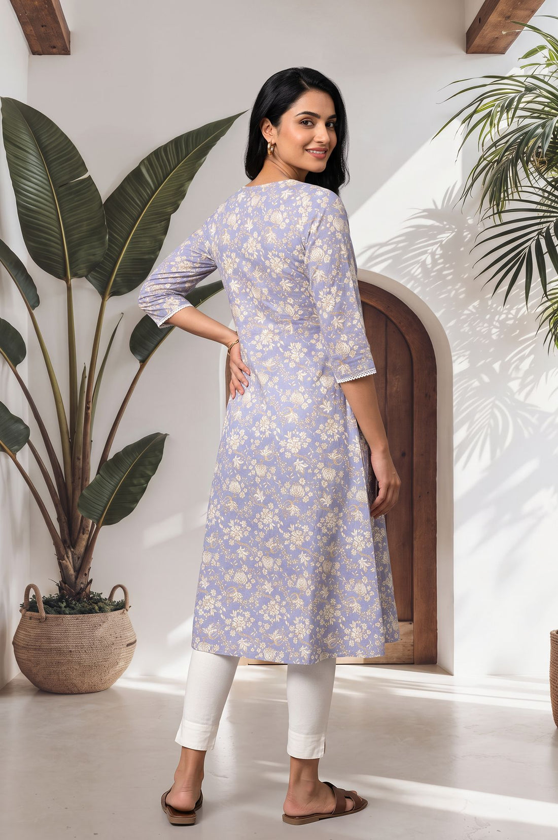 Lavender Floral Printed Lace Pure Cotton A-line Kurta with Churidar Set