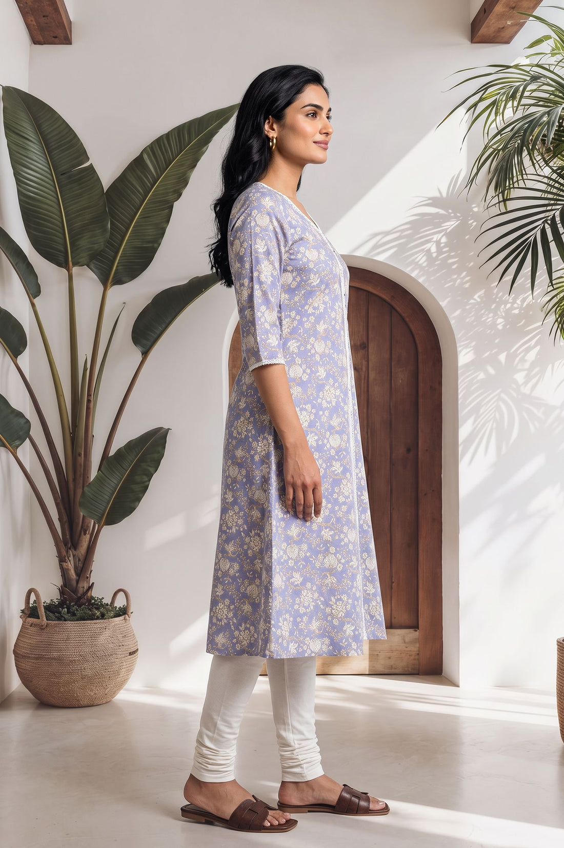 Lavender Floral Printed Lace Pure Cotton A-line Kurta with Churidar Set