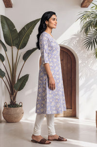 Lavender Floral Printed Lace Pure Cotton A-line Kurta with Churidar Set