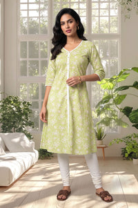 Green Floral Printed Lace Pure Cotton A-line Kurta with Churidar
