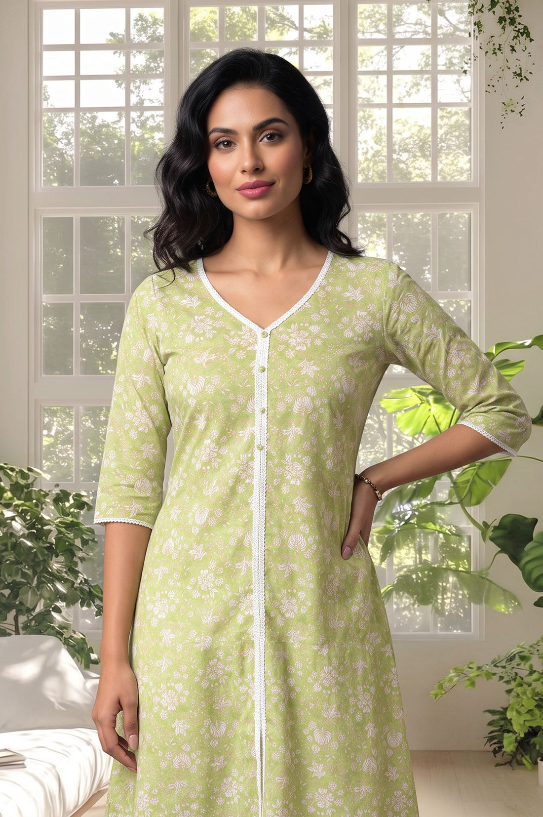Green Floral Printed Lace Pure Cotton A-line Kurta with Churidar