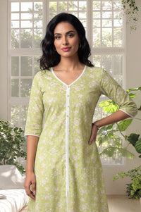 Green Floral Printed Lace Pure Cotton A-line Kurta with Churidar