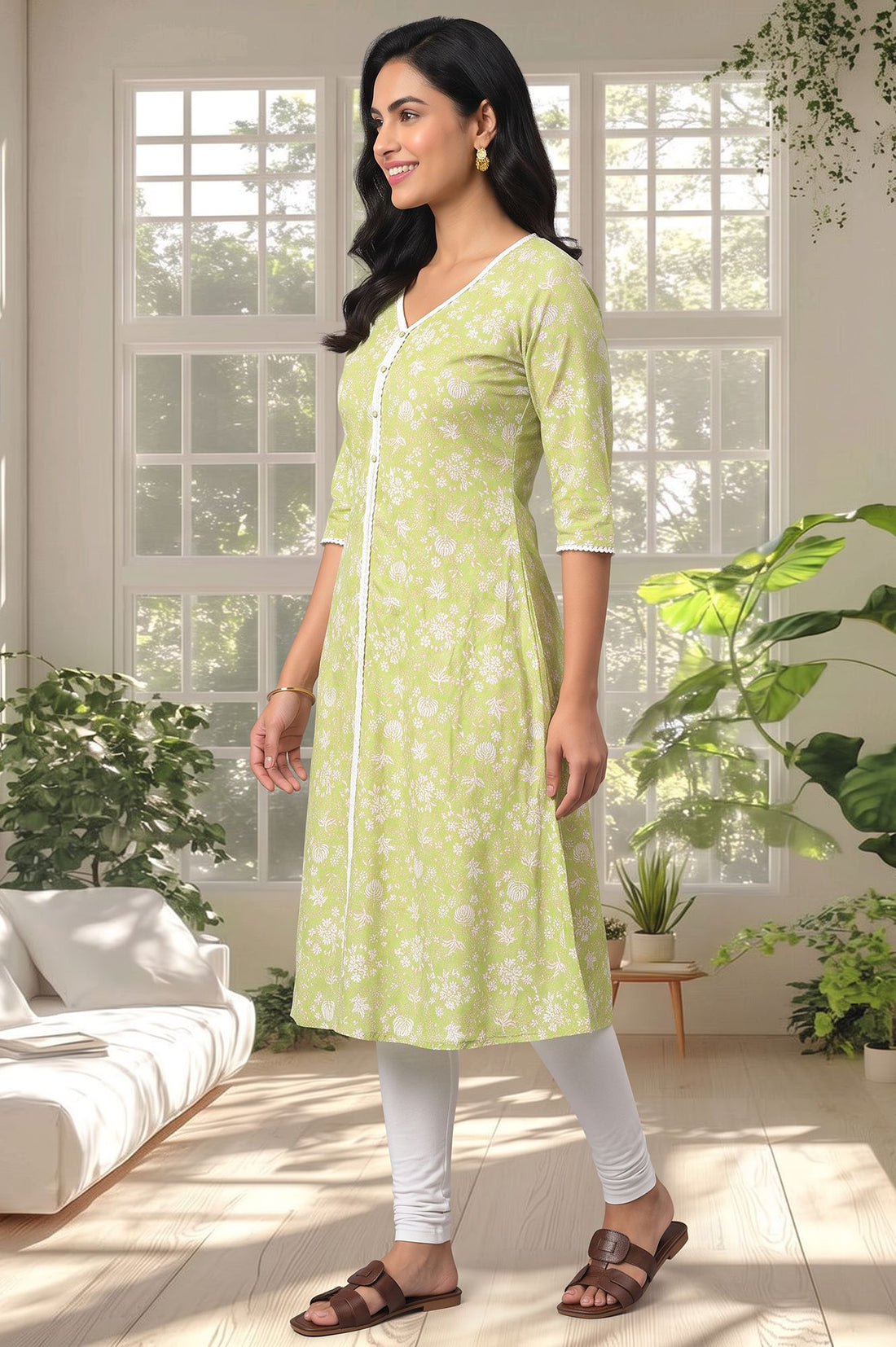Green Floral Printed Lace Pure Cotton A-line Kurta with Churidar
