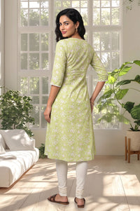 Green Floral Printed Lace Pure Cotton A-line Kurta with Churidar