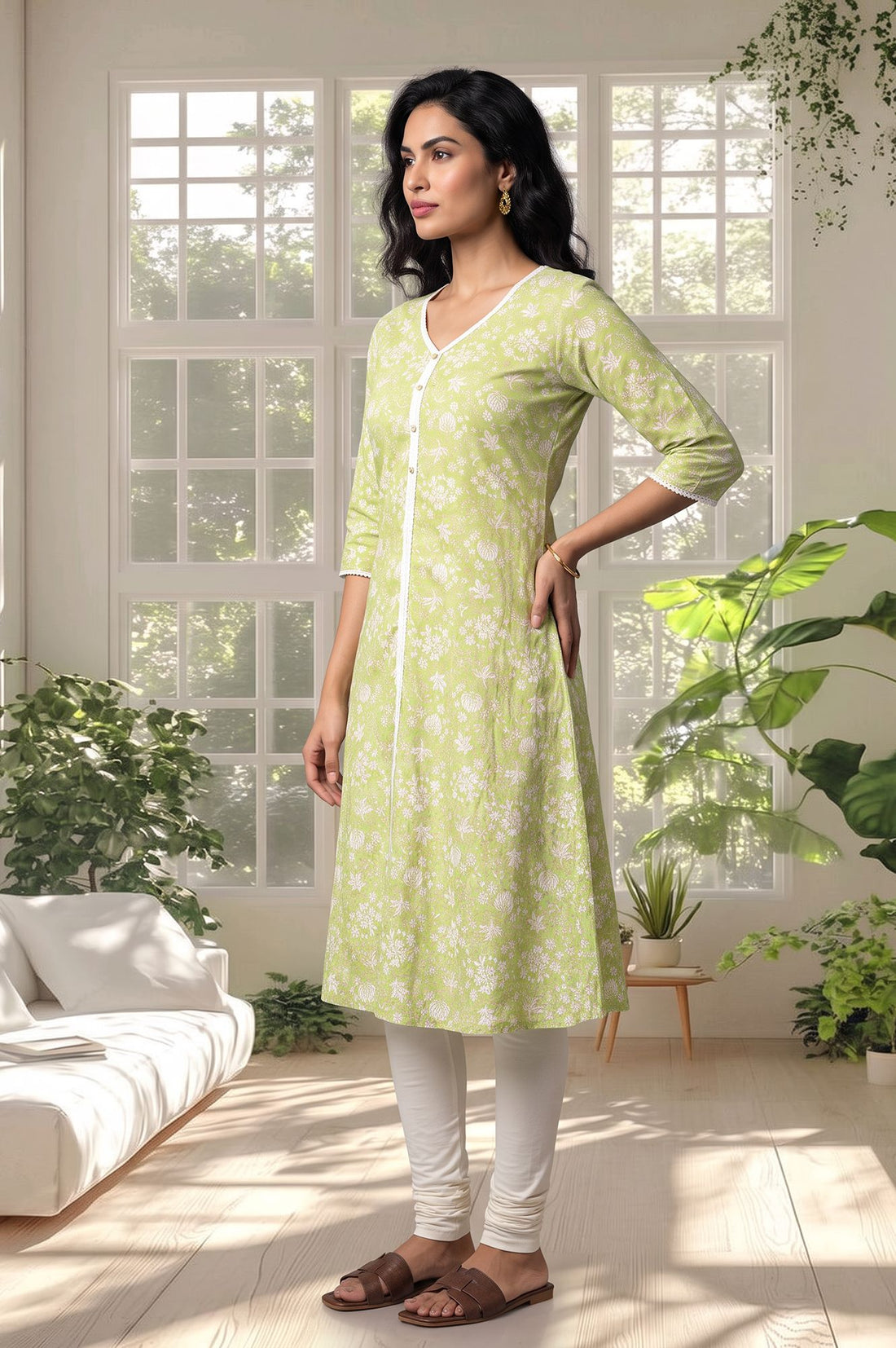 Green Floral Printed Lace Pure Cotton A-line Kurta with Churidar