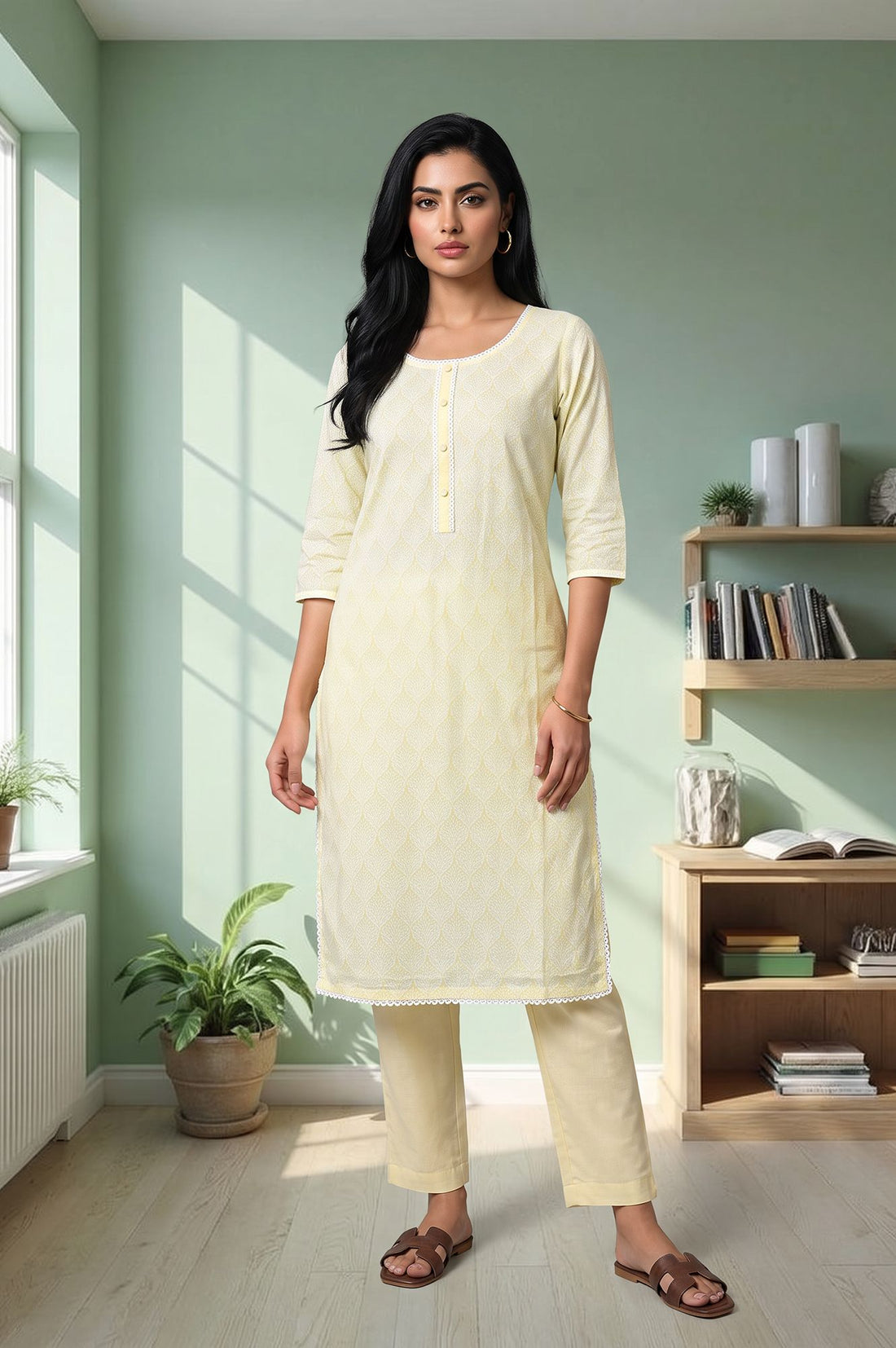 Yellow Printed Lace Pure Cotton Straight Kurta with Palazzo Set