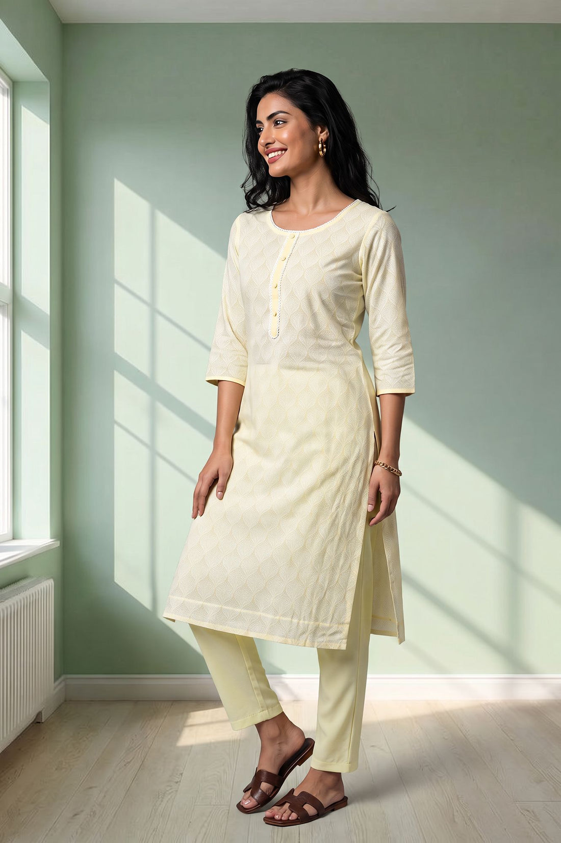 Yellow Printed Lace Pure Cotton Straight Kurta with Palazzo Set