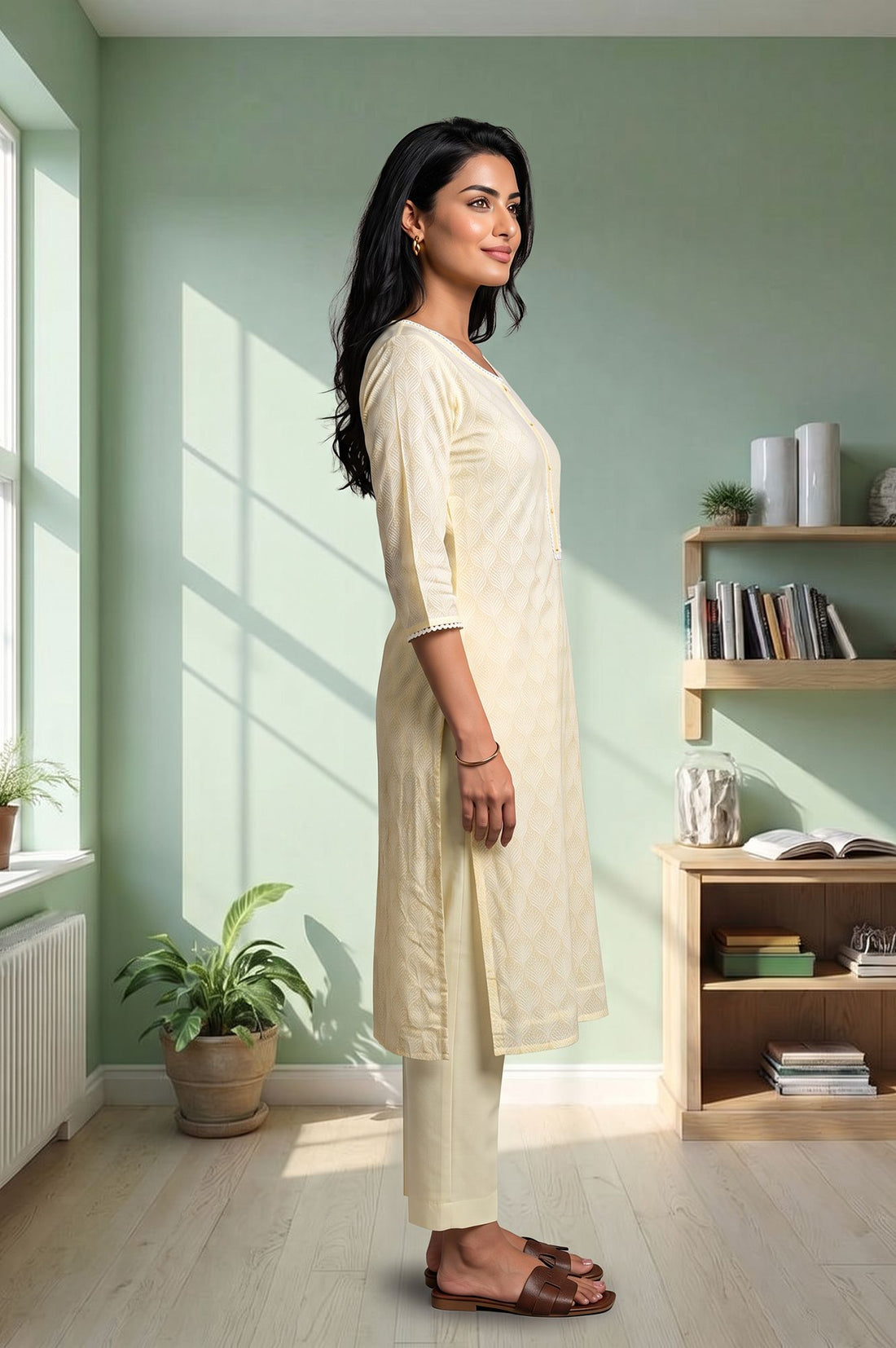 Yellow Printed Lace Pure Cotton Straight Kurta with Palazzo Set