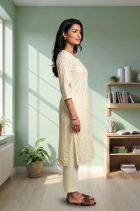 Yellow Printed Lace Pure Cotton Straight Kurta with Palazzo Set