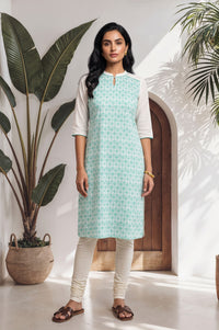 White Floral Printed Pure Cotton Straight Kurta with Churidar Set