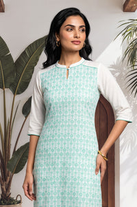 White Floral Printed Pure Cotton Straight Kurta with Churidar Set