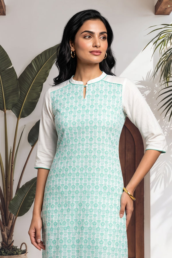 White Floral Printed Pure Cotton Straight Kurta with Churidar Set
