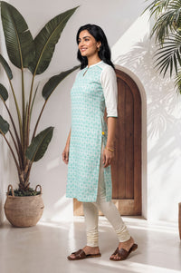 White Floral Printed Pure Cotton Straight Kurta with Churidar Set