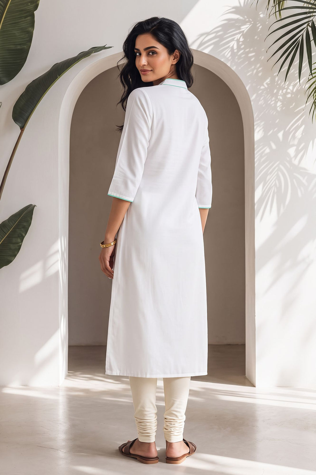 White Floral Printed Pure Cotton Straight Kurta with Churidar Set