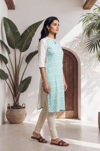 White Floral Printed Pure Cotton Straight Kurta with Churidar Set