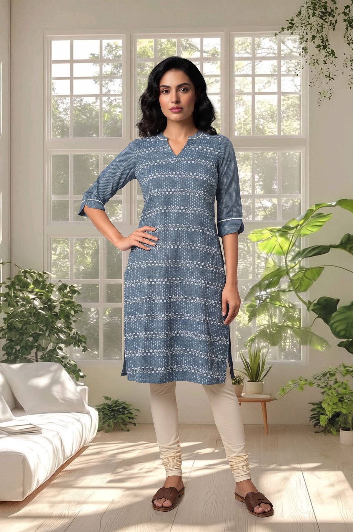 Blue Floral Printed Pure Cotton Straight Kurta with Churidar - S