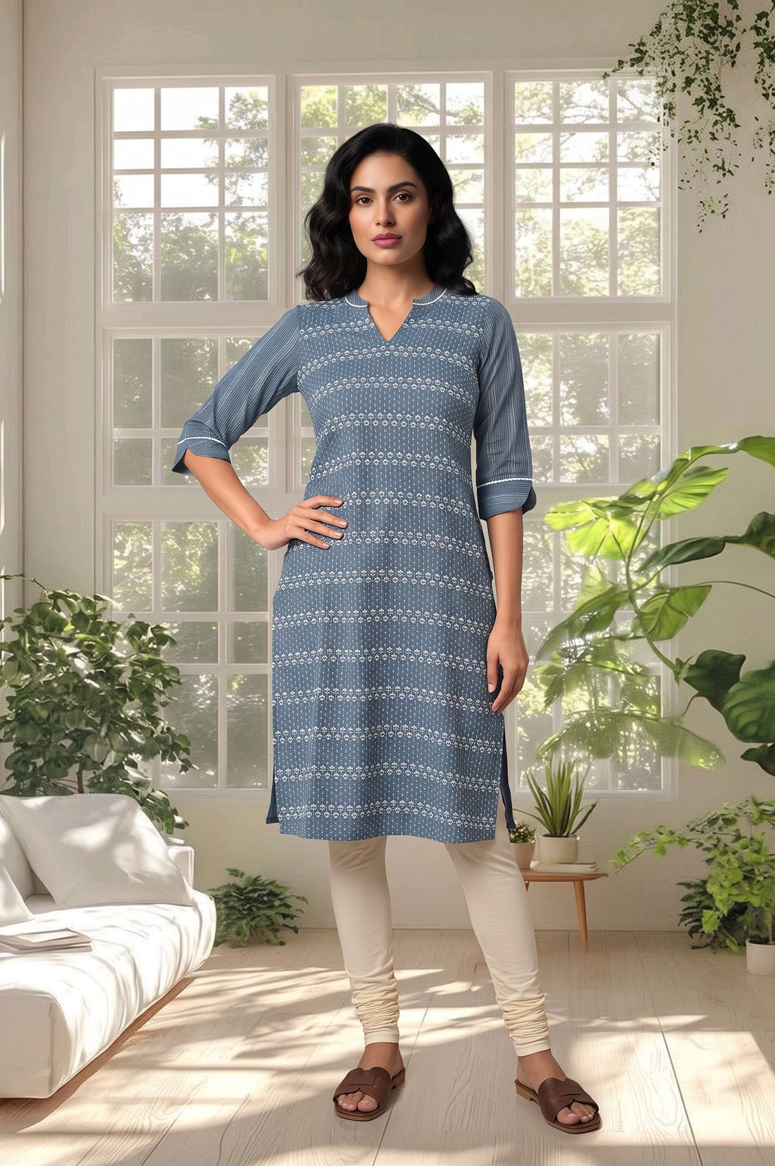 Blue Floral Printed Pure Cotton Straight Kurta with Churidar