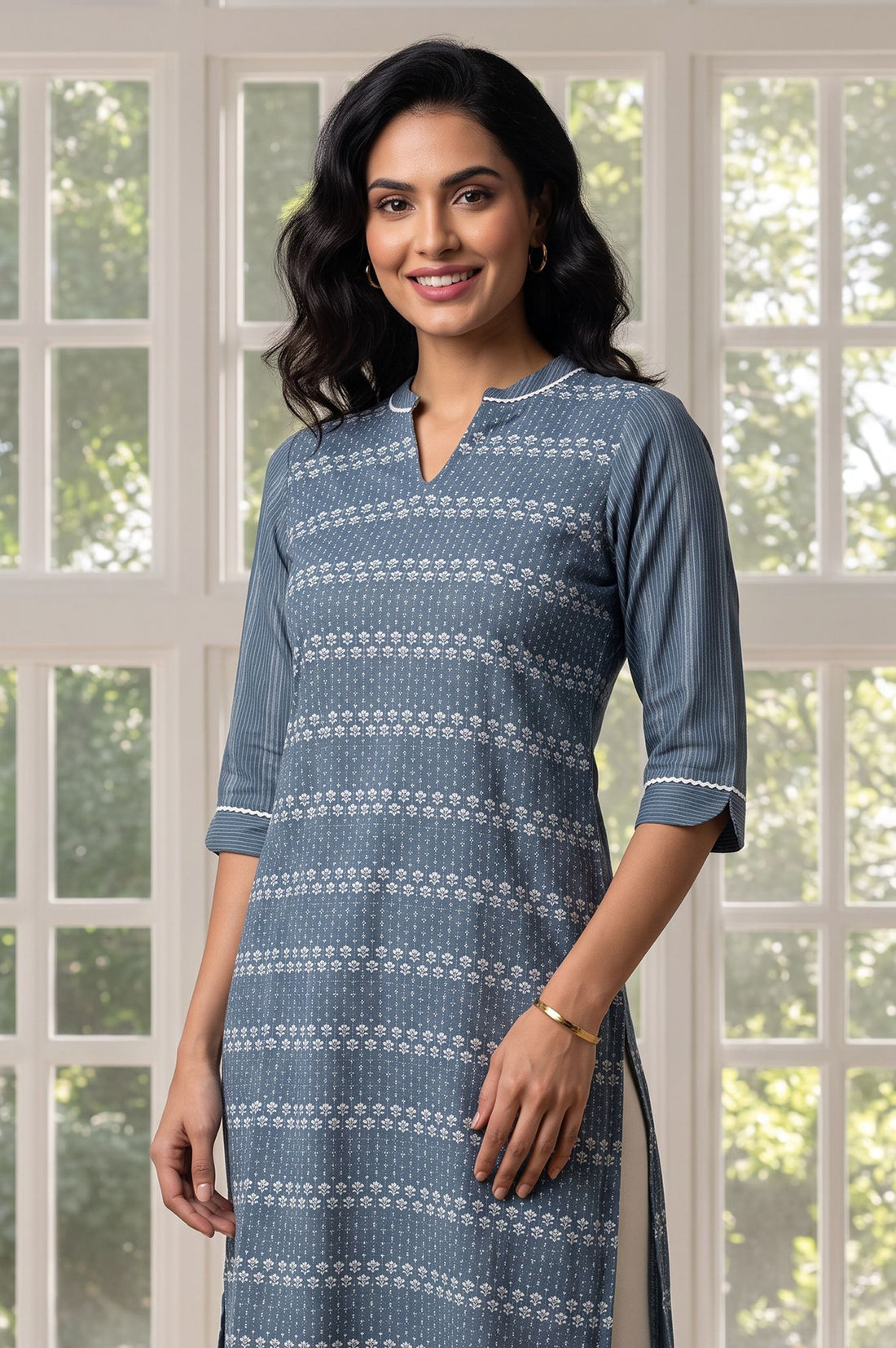 Blue Floral Printed Pure Cotton Straight Kurta with Churidar