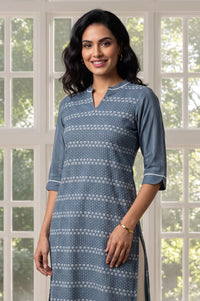 Blue Floral Printed Pure Cotton Straight Kurta with Churidar
