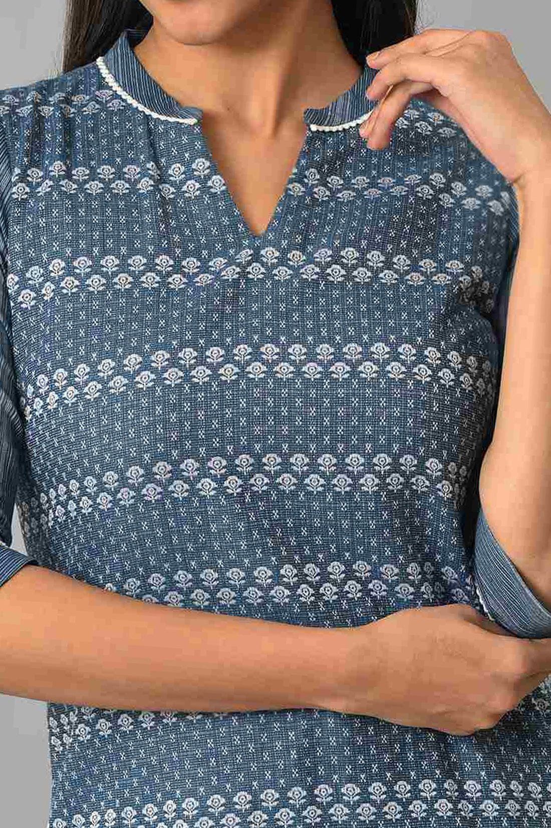 Blue Floral Printed Pure Cotton Straight Kurta with Churidar