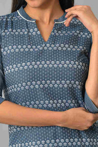 Blue Floral Printed Pure Cotton Straight Kurta with Churidar