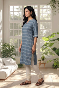 Blue Floral Printed Pure Cotton Straight Kurta with Churidar