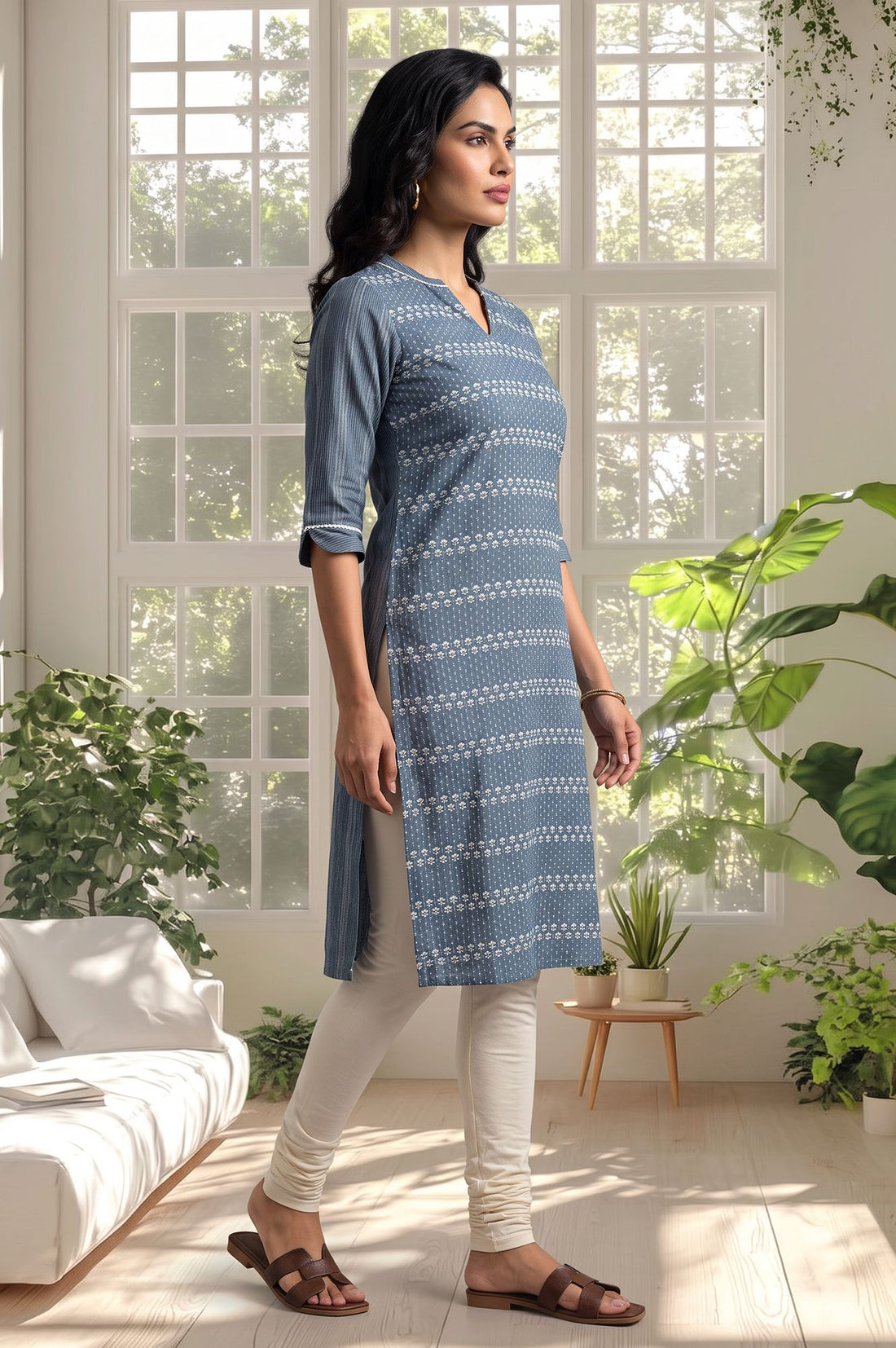 Blue Floral Printed Pure Cotton Straight Kurta with Churidar