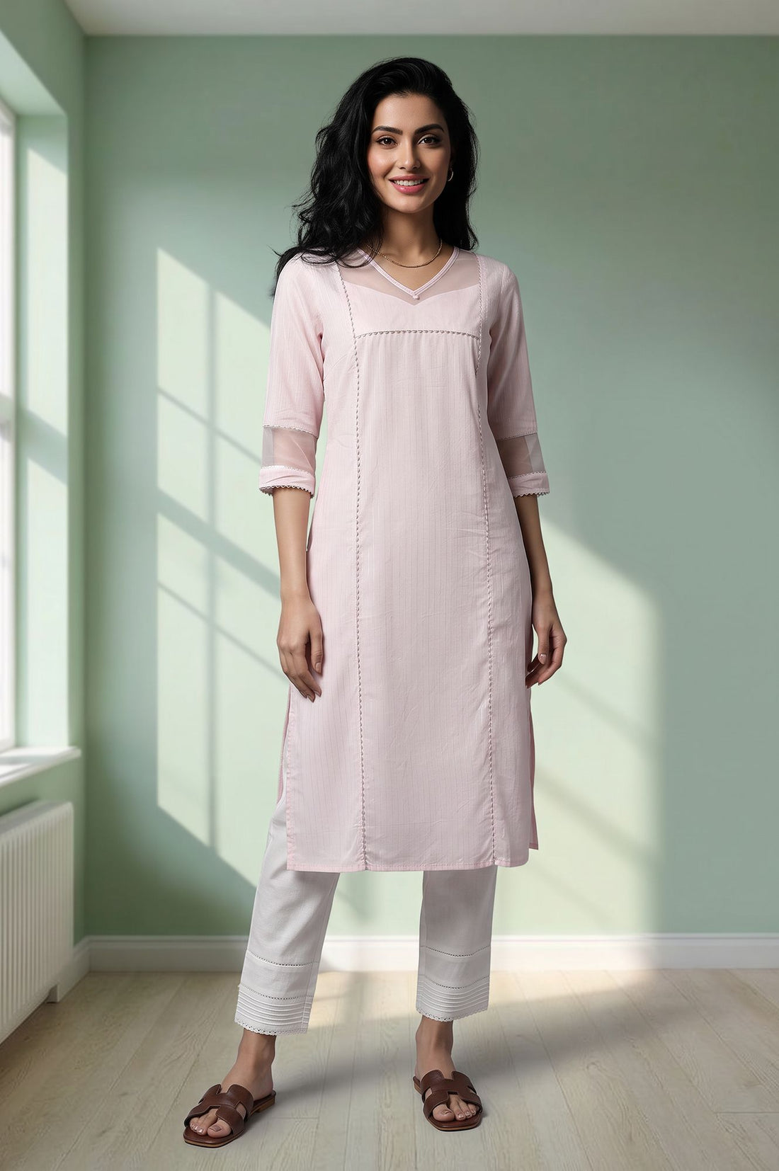 Pink Textured Lace Pure Cotton Straight Kurta with Trousers Set