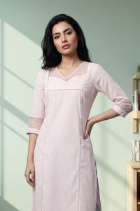 Pink Textured Lace Pure Cotton Straight Kurta with Trousers Set