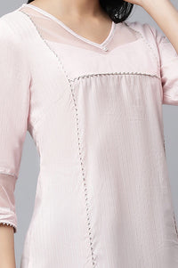 Pink Textured Lace Pure Cotton Straight Kurta with Trousers Set